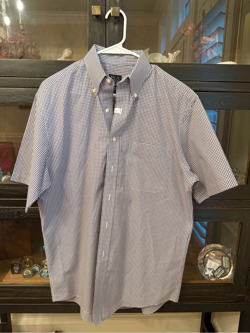 Jos. A. Bank Traveler Blue and Red Gingham Short-Sleeve Button-Down Shirt